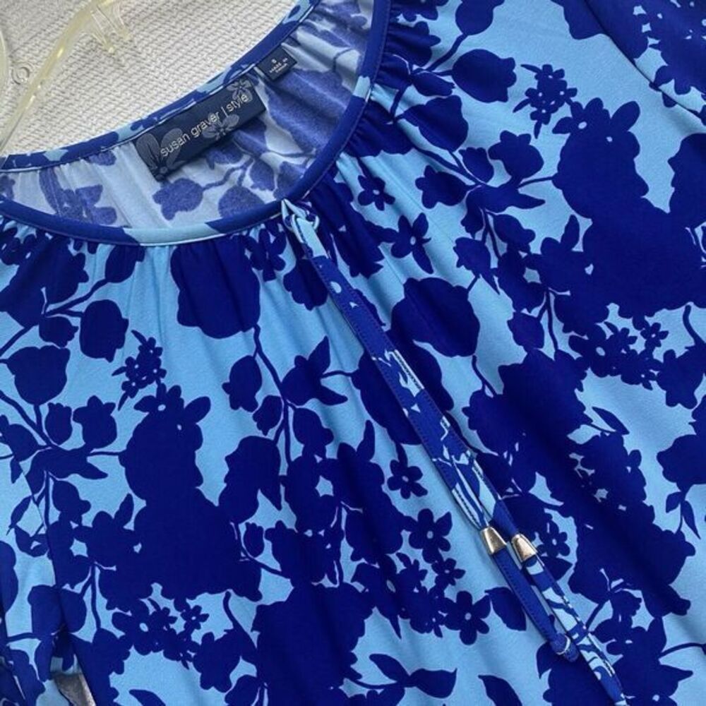 Susan Graver S Tunic Floral Blue 3/4‎ Roll Tab Sleeve Stretch Asymmetrical